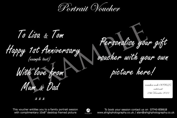 Example portrait gift voucher showing text and image can be personalised by client