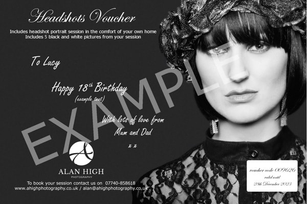 Headshot portrait black and white gift voucher image featuring a beautiful lady
